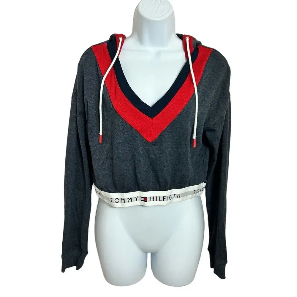 Womens Tommy Hilfiger Retro Cropped Lounge Hoodie Sz Small Sweatshirt V-Neck NEW